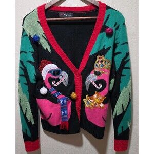 33 Degrees Flamingo Candy Cane Santa Hat Sequined sweater cardigan L fuzzy